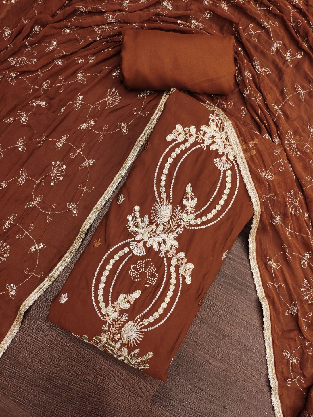 Brown Embroidered Chanderi Straight Suit