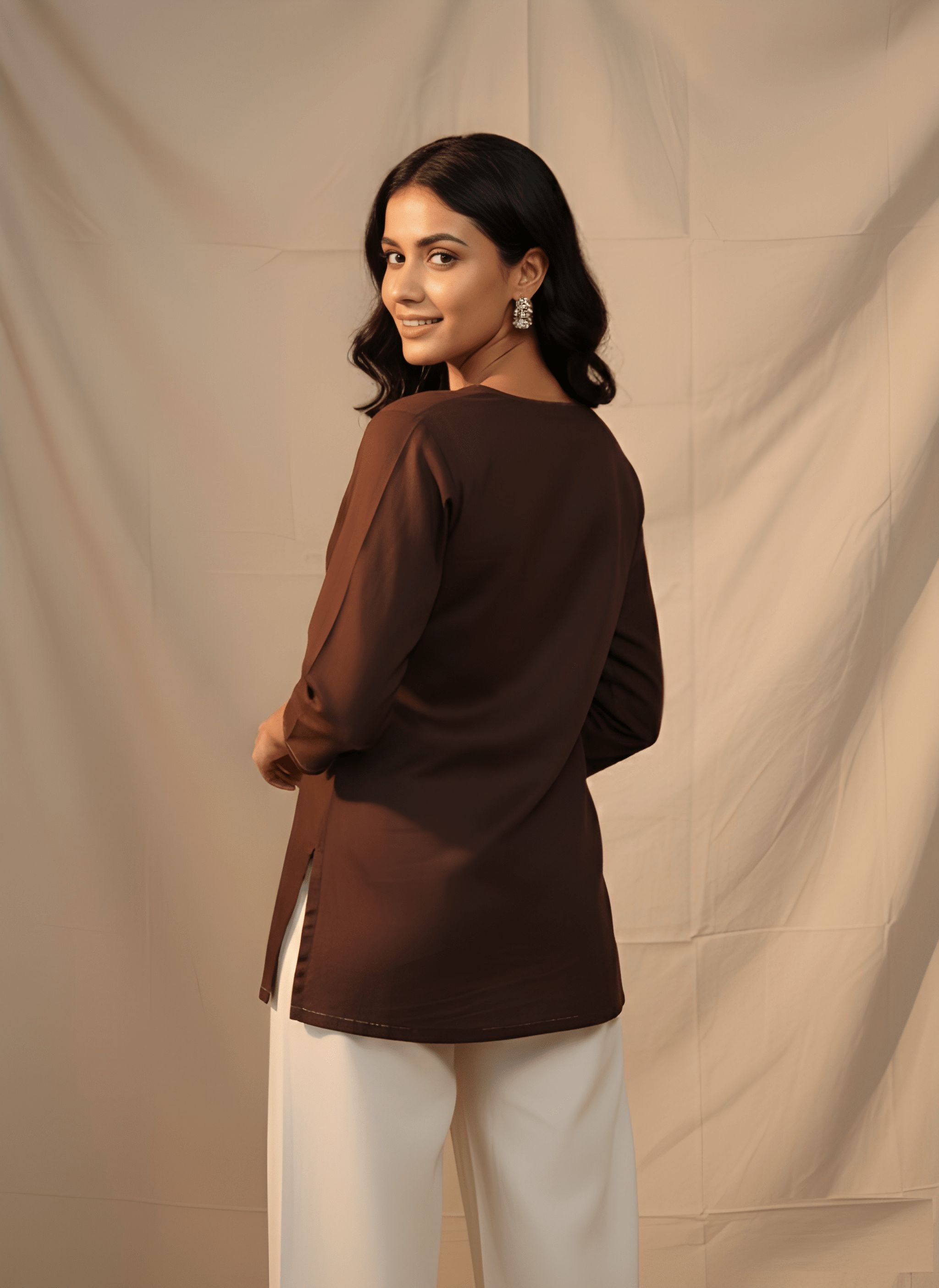 Brown Embroidered Cotton Tunic Top — alternate view