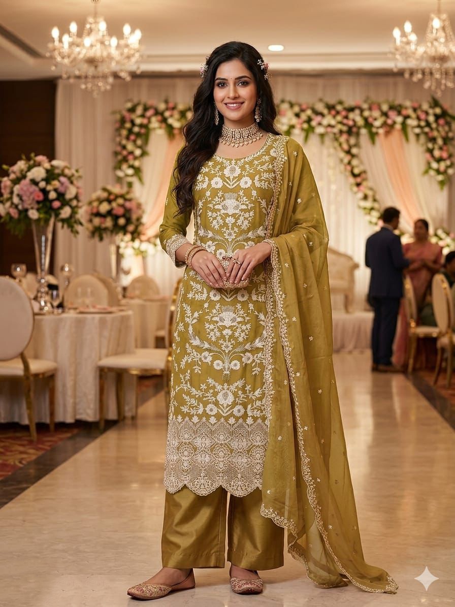 Brown Embroidered Organza Palazzo Suit