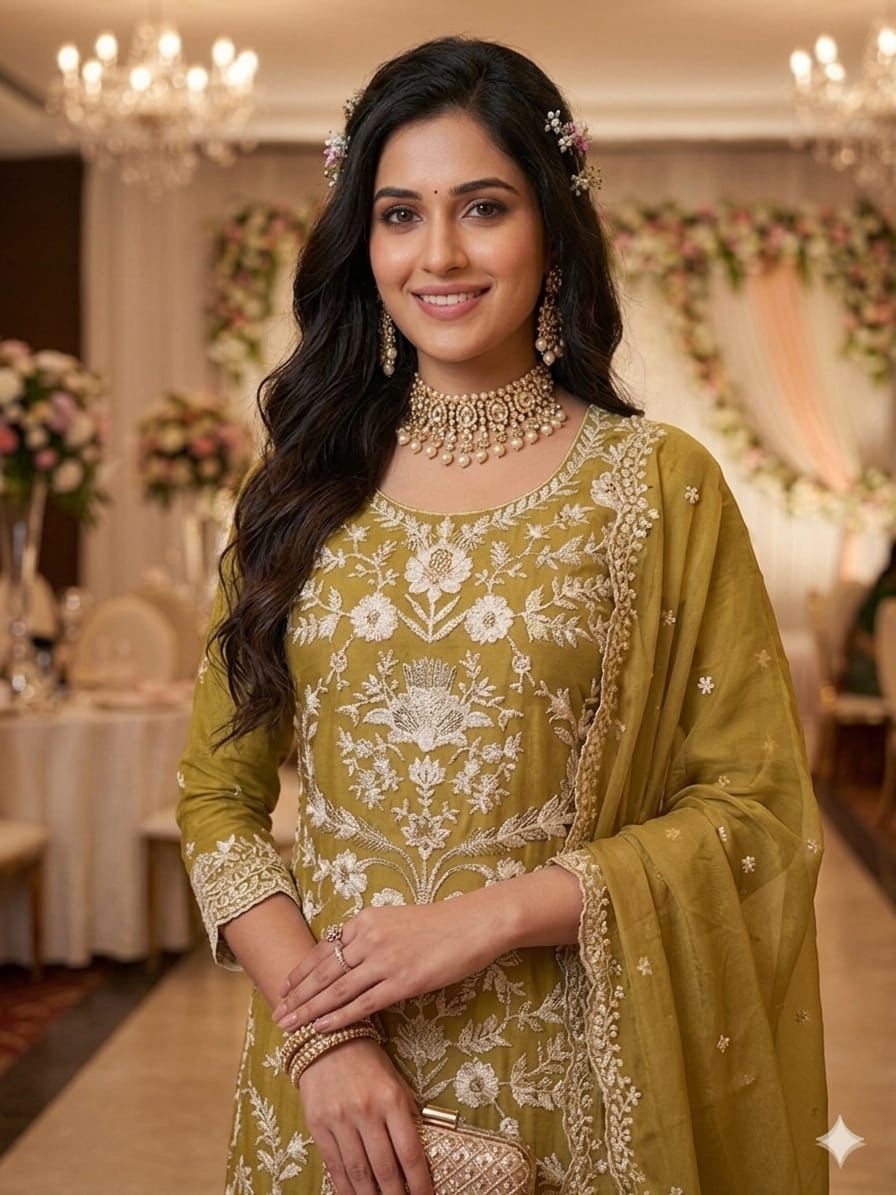 Brown Embroidered Organza Palazzo Suit — alternate view
