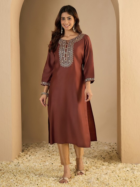 Brown Embroidered Silk Blend Designer Kurti