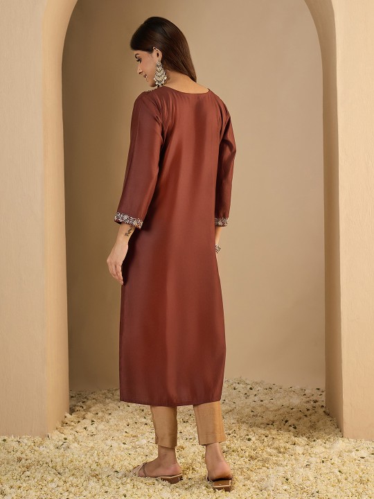 Brown Embroidered Silk Blend Designer Kurti — alternate view