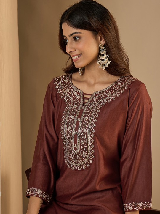 Brown Embroidered Silk Blend Designer Kurti