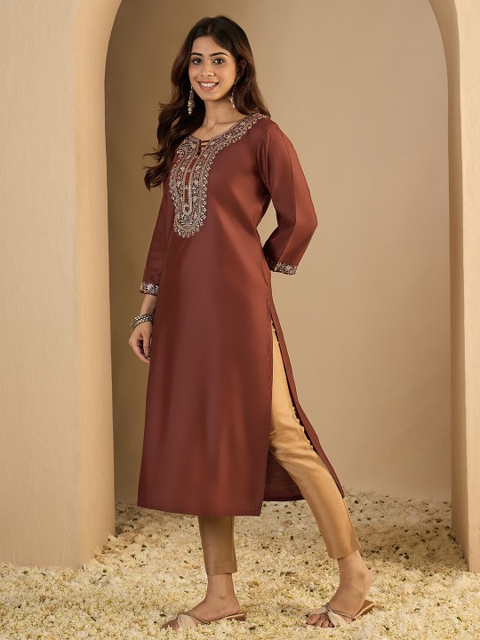 Brown Embroidered Silk Blend Designer Kurti