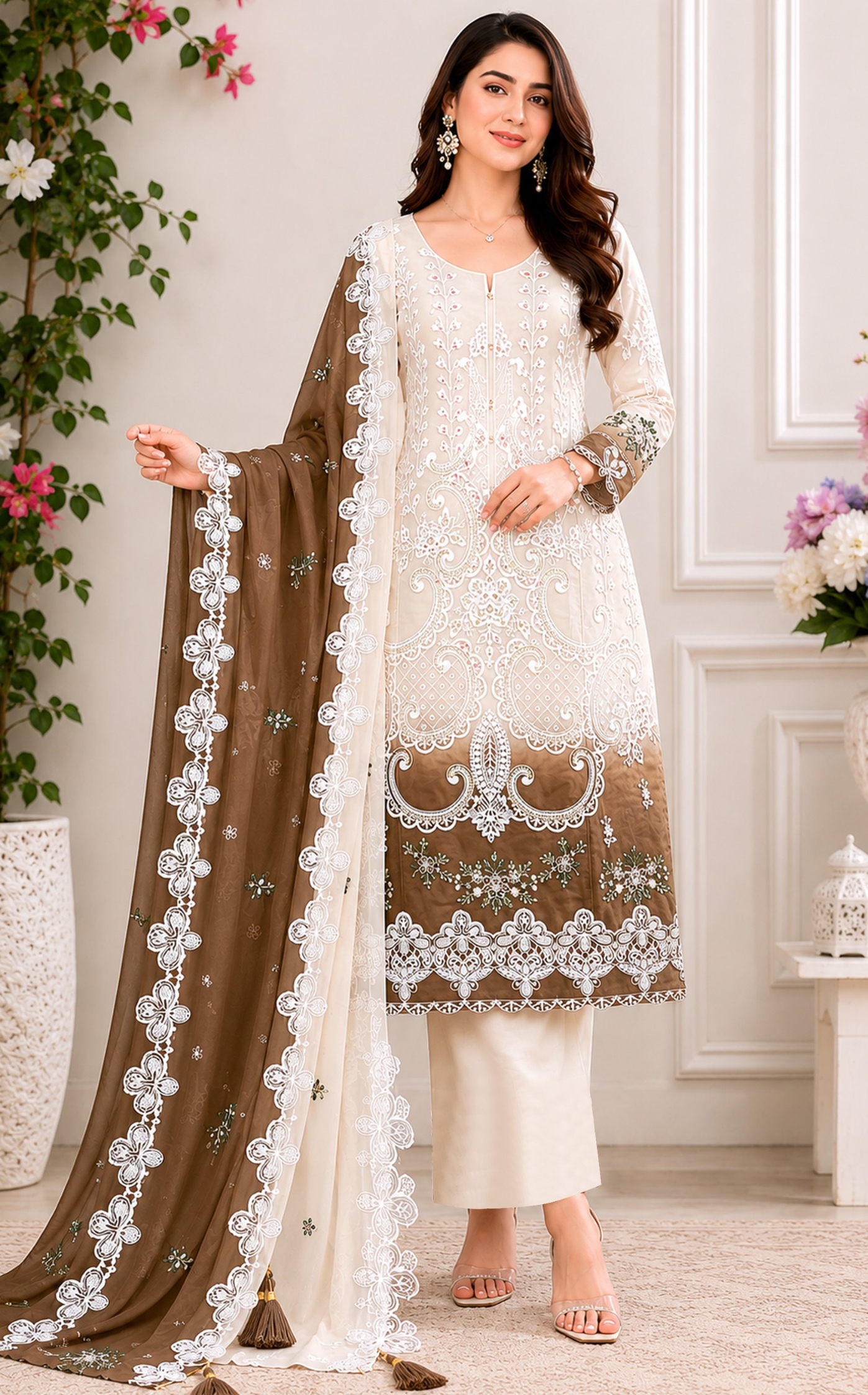 Brown Embroidery Georgette Straight Salwar Suit