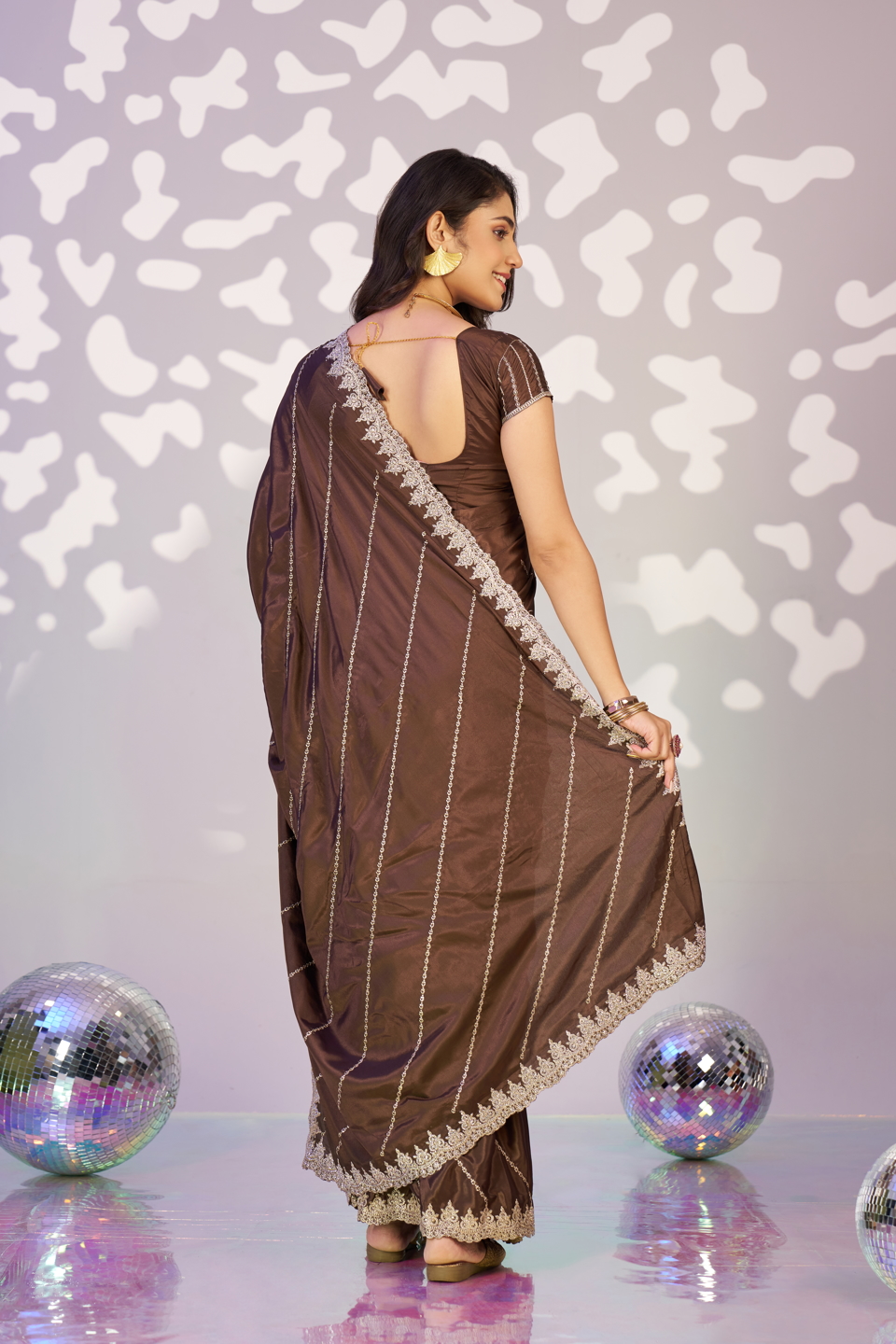 Brown Embroidery Ready to Wear Saree — alternate view