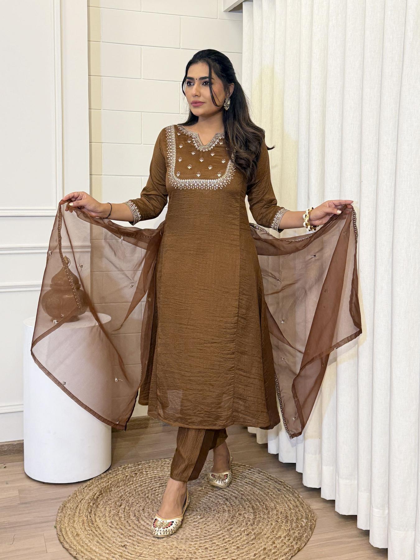 Brown Embroidery Work Stitched Suits