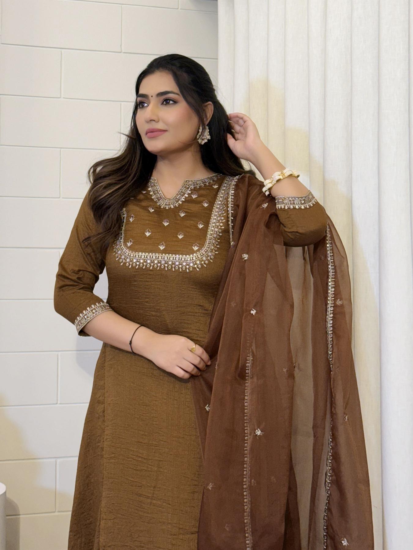Brown Embroidery Work Stitched Suits