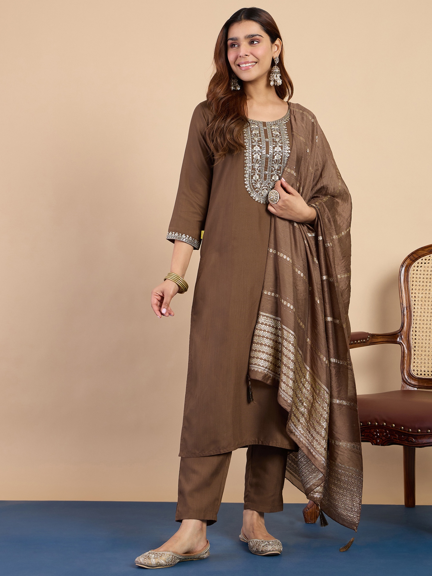Brown Ethnic Motif Embroidery Cotton Blend Straight Pant Suit