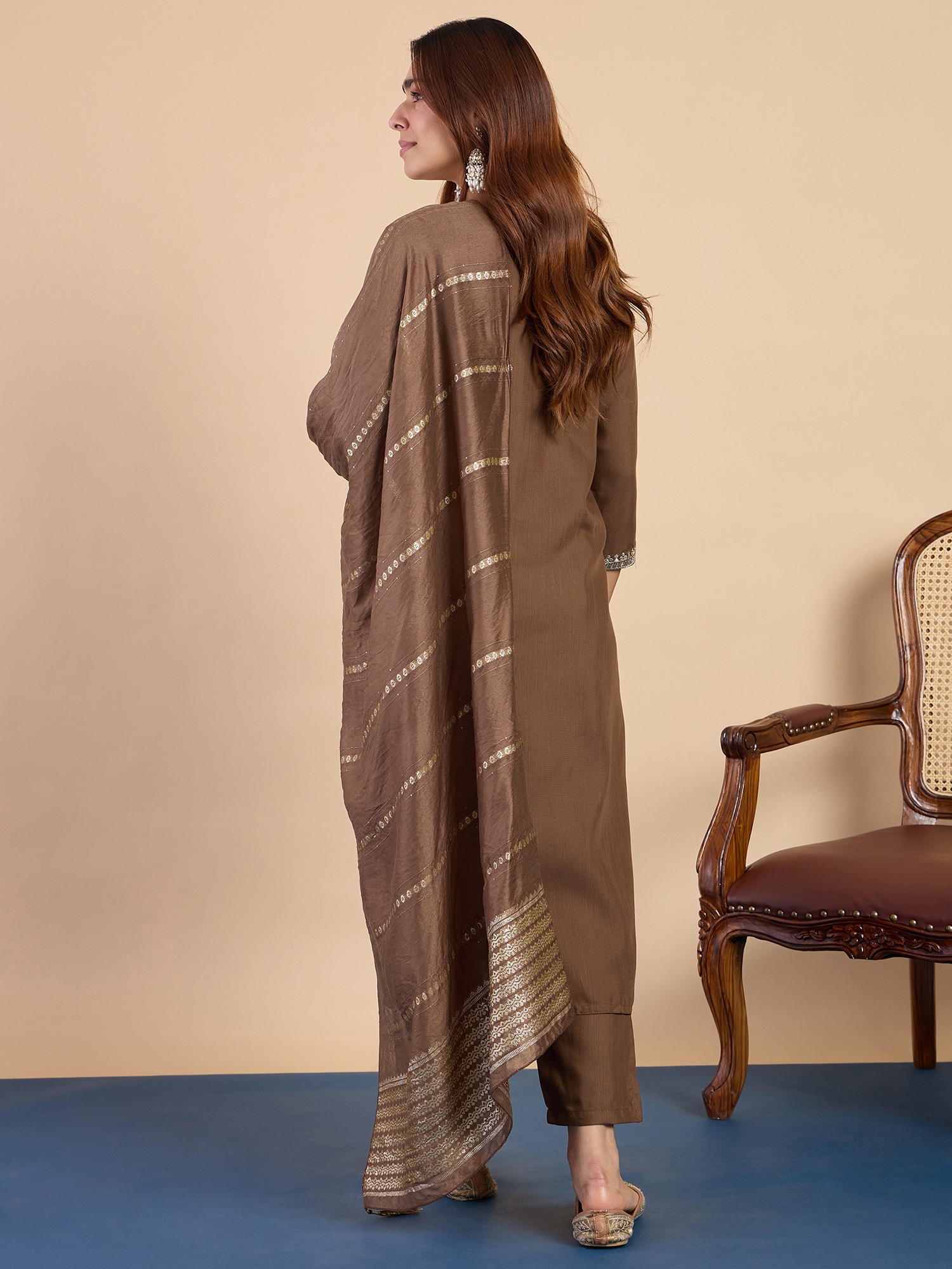 Brown Ethnic Motif Embroidery Cotton Blend Straight Pant Suit — alternate view