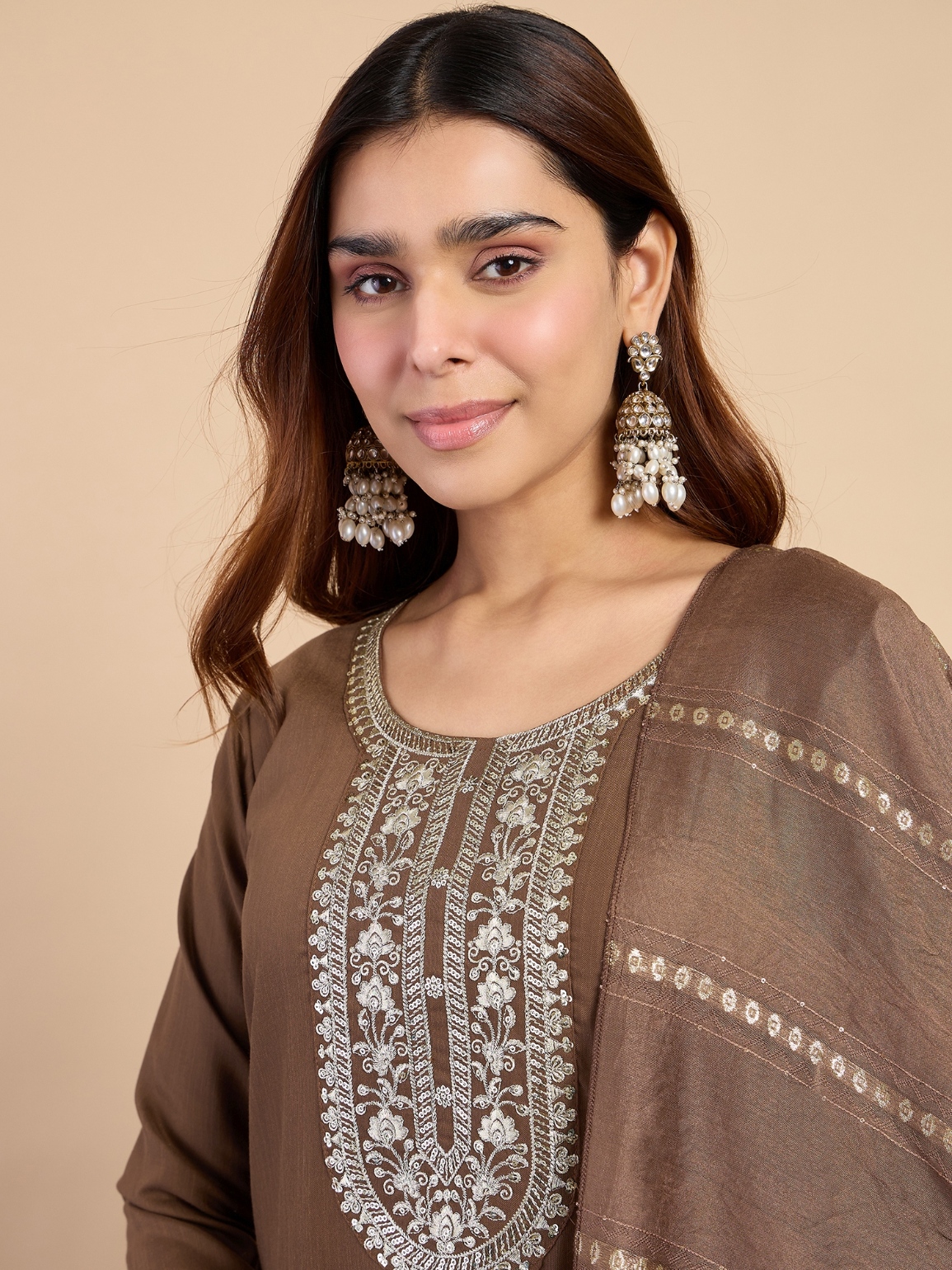 Brown Ethnic Motif Embroidery Cotton Blend Straight Pant Suit