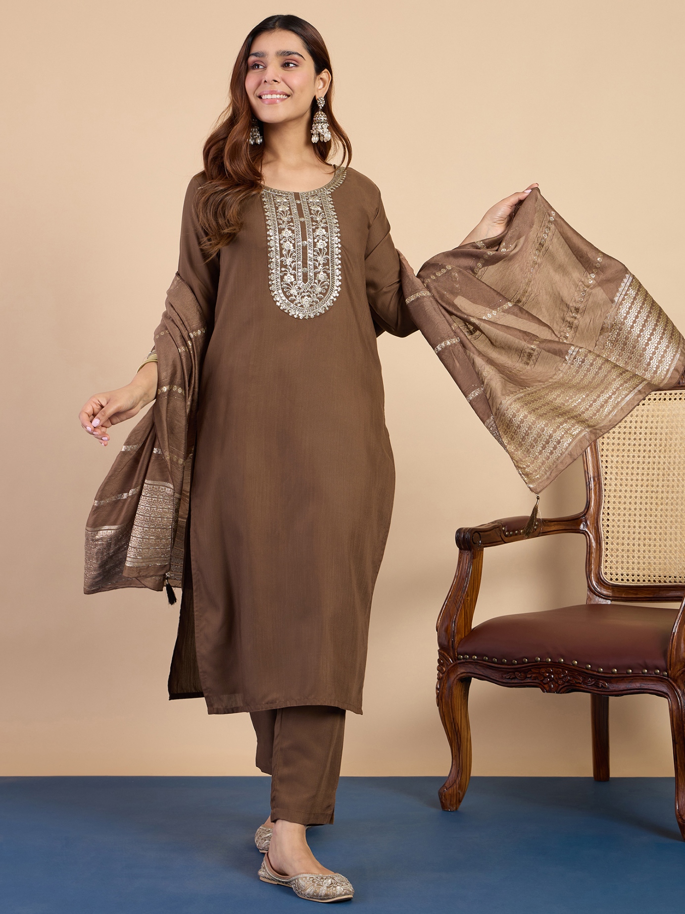 Brown Ethnic Motif Embroidery Cotton Blend Straight Pant Suit