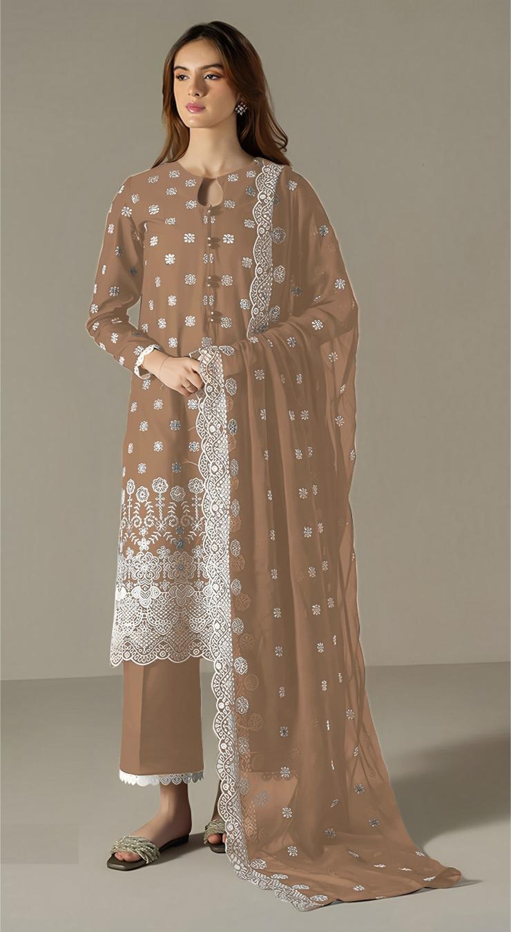 Brown Faux Georgette Straight Pant Suit
