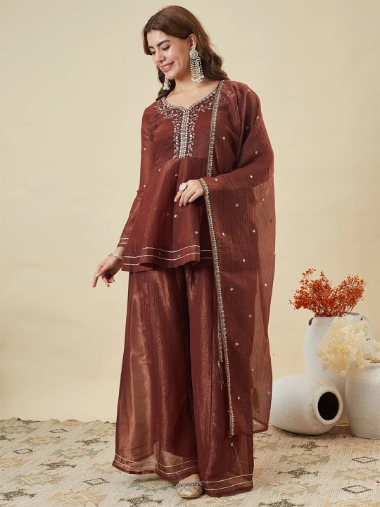 Brown Festive Embroidered Sharara Suit