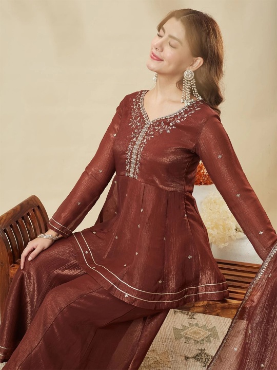 Brown Festive Embroidered Sharara Suit