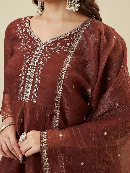 Brown Festive Embroidered Sharara Suit