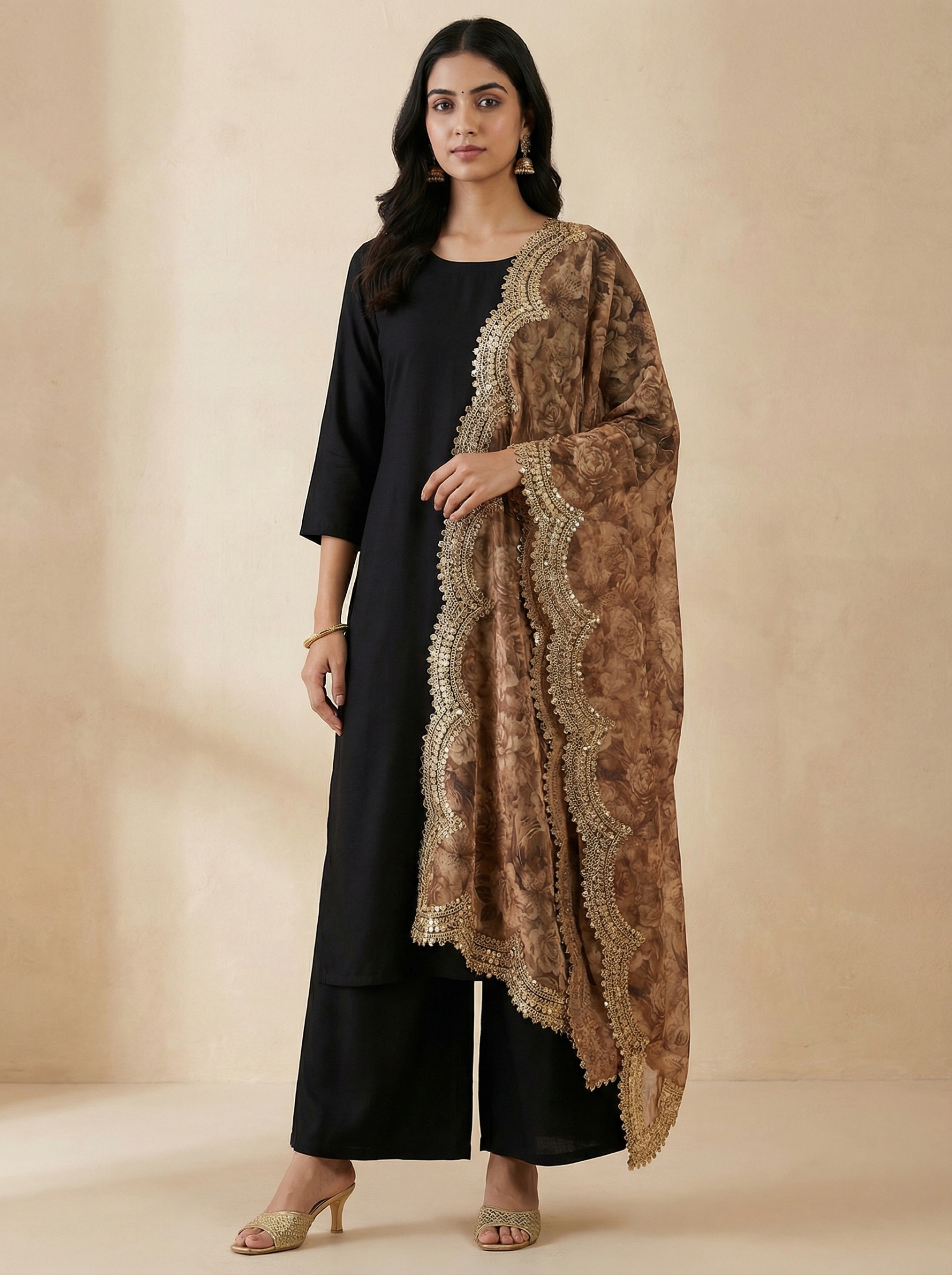 Brown Floral Digital Print Jimmy Choo Dupatta