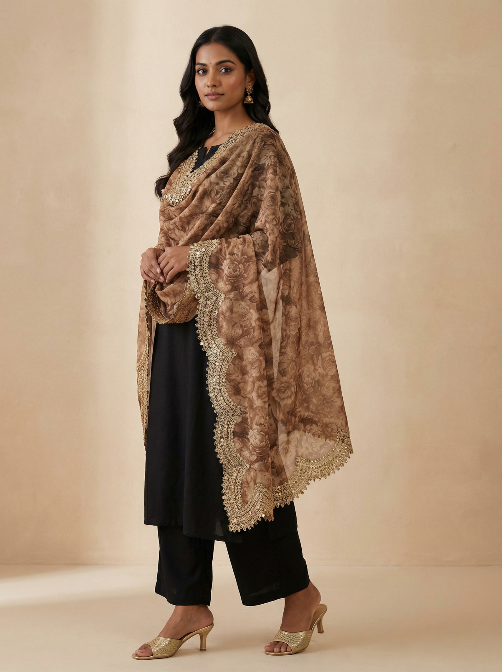Brown Floral Digital Print Jimmy Choo Dupatta — alternate view