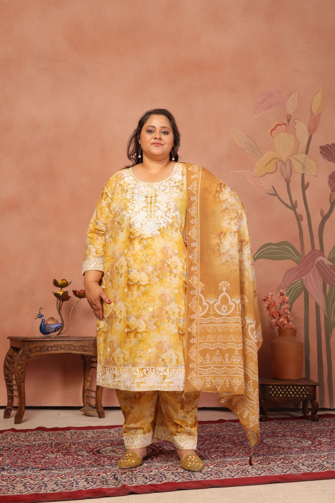 Brown Floral Embroidered Cambric Cotton Straight Suit