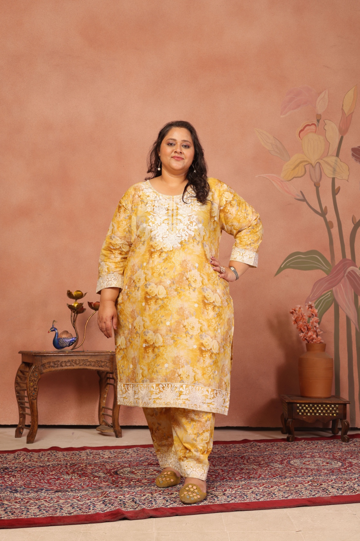 Brown Floral Embroidered Cambric Cotton Straight Suit