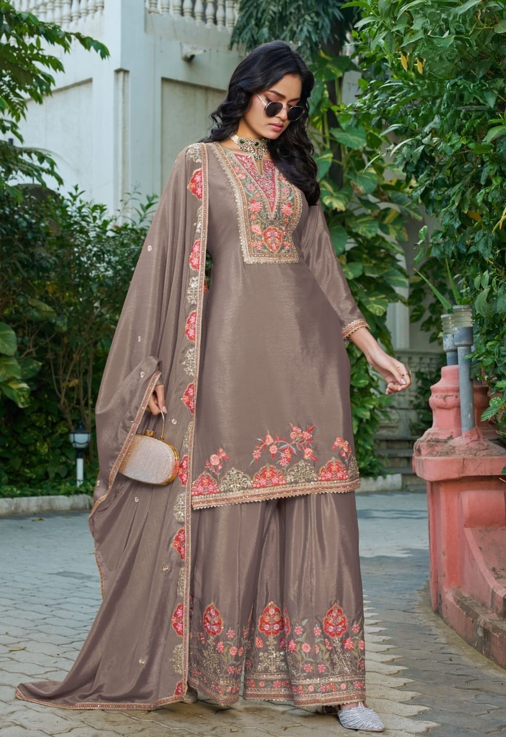 Brown Floral Embroidered Chinon Palazzo Suit