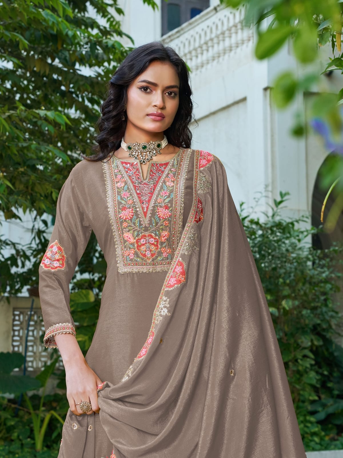 Brown Floral Embroidered Chinon Palazzo Suit