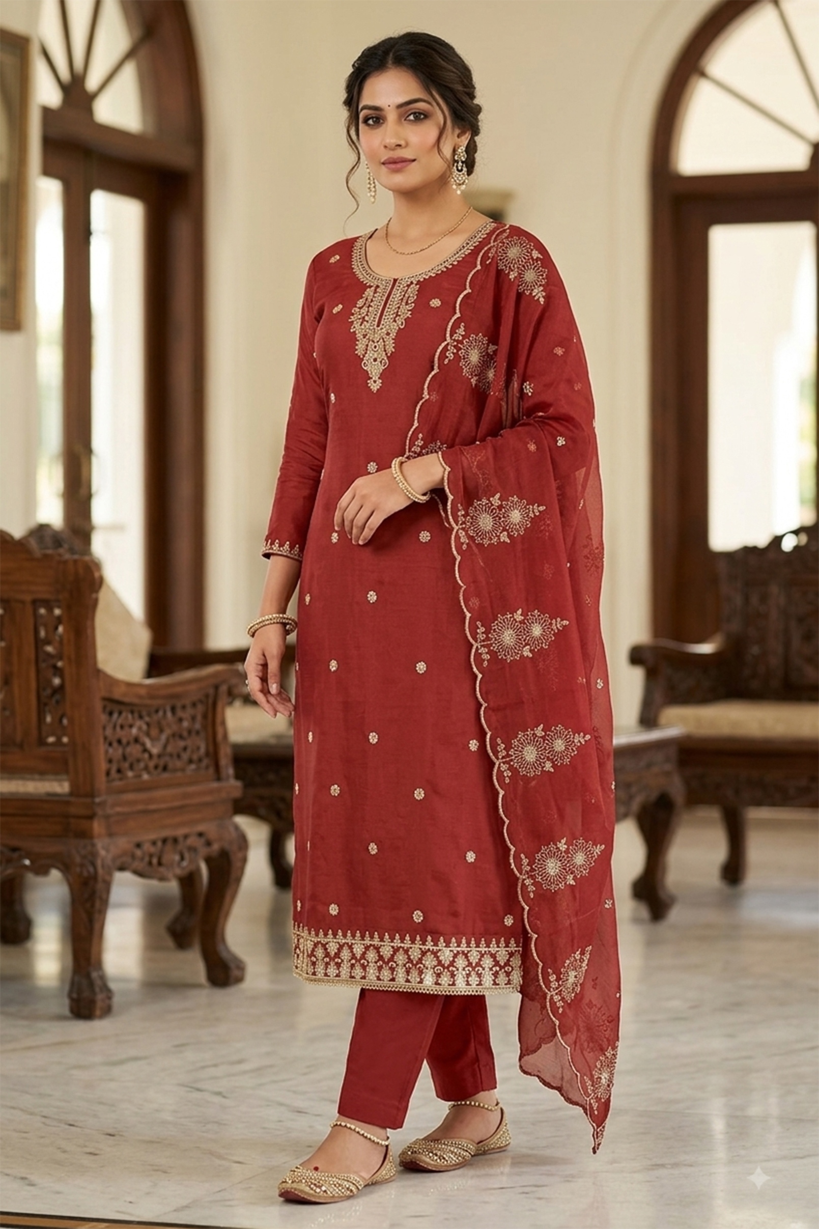 Brown Floral Embroidered Cotton Straight Suit