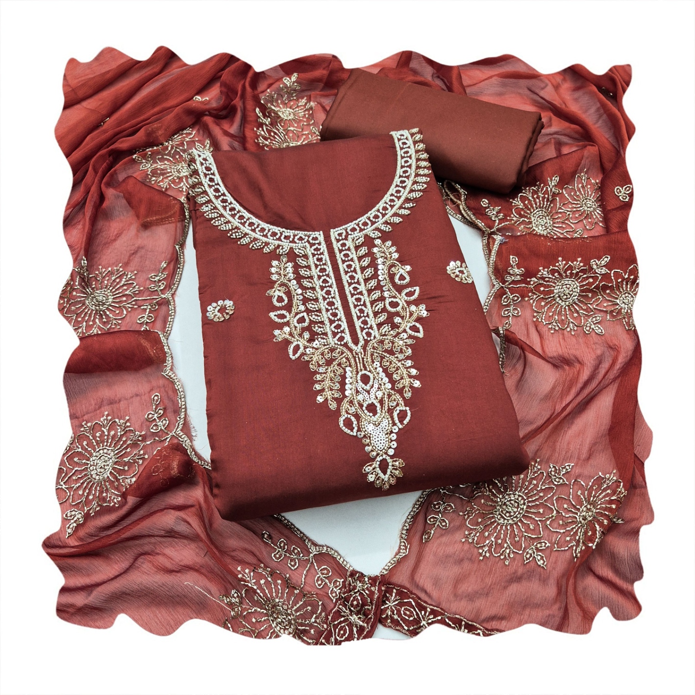 Brown Floral Embroidered Cotton Straight Suit — alternate view