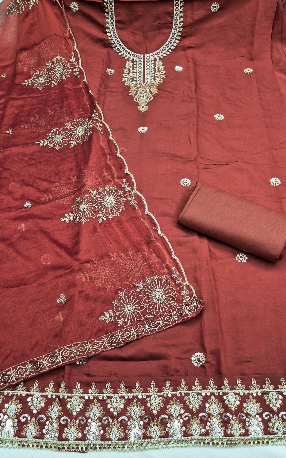 Brown Floral Embroidered Cotton Straight Suit
