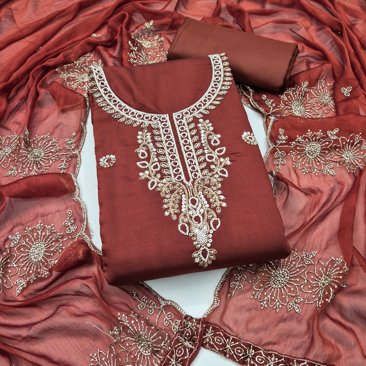 Brown Floral Embroidered Cotton Straight Suit