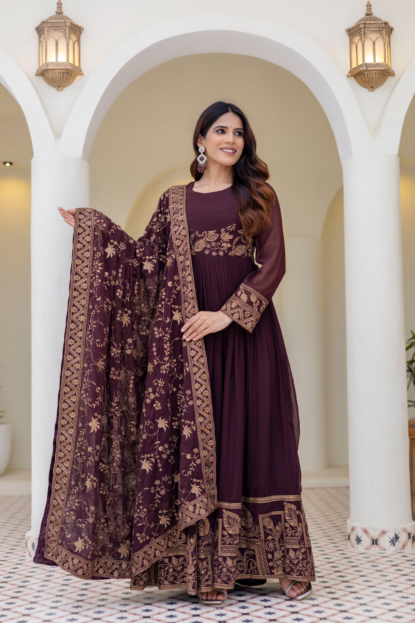 Brown Floral Embroidered Georgette Empire Gown