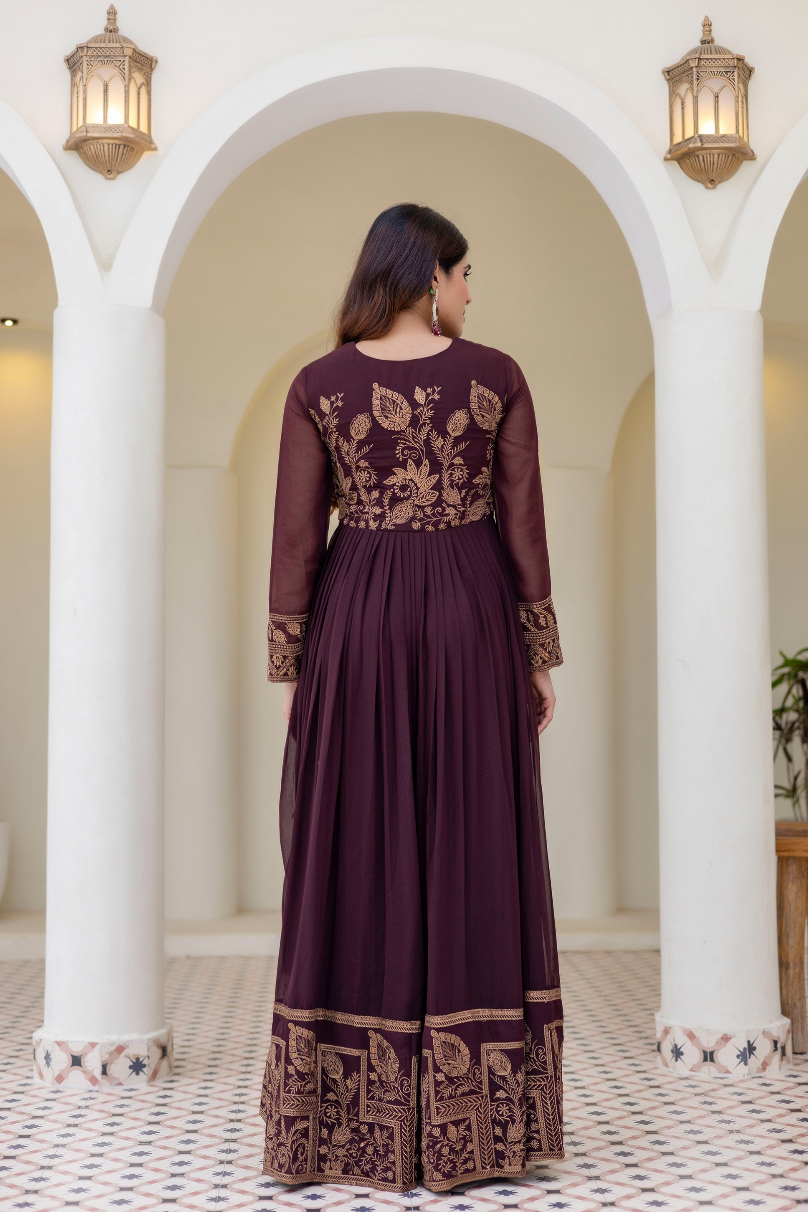 Brown Floral Embroidered Georgette Empire Gown — alternate view