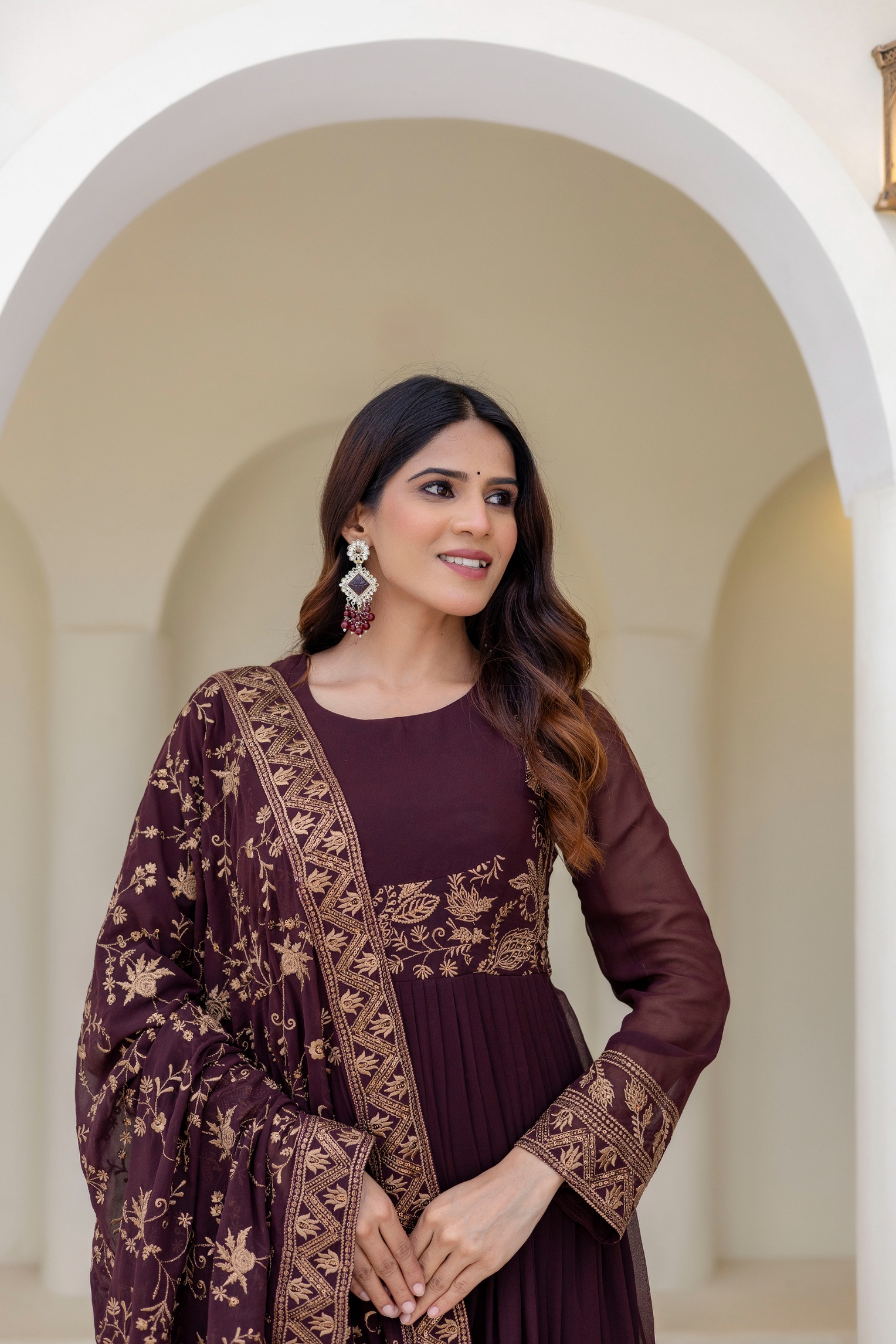 Brown Floral Embroidered Georgette Empire Gown