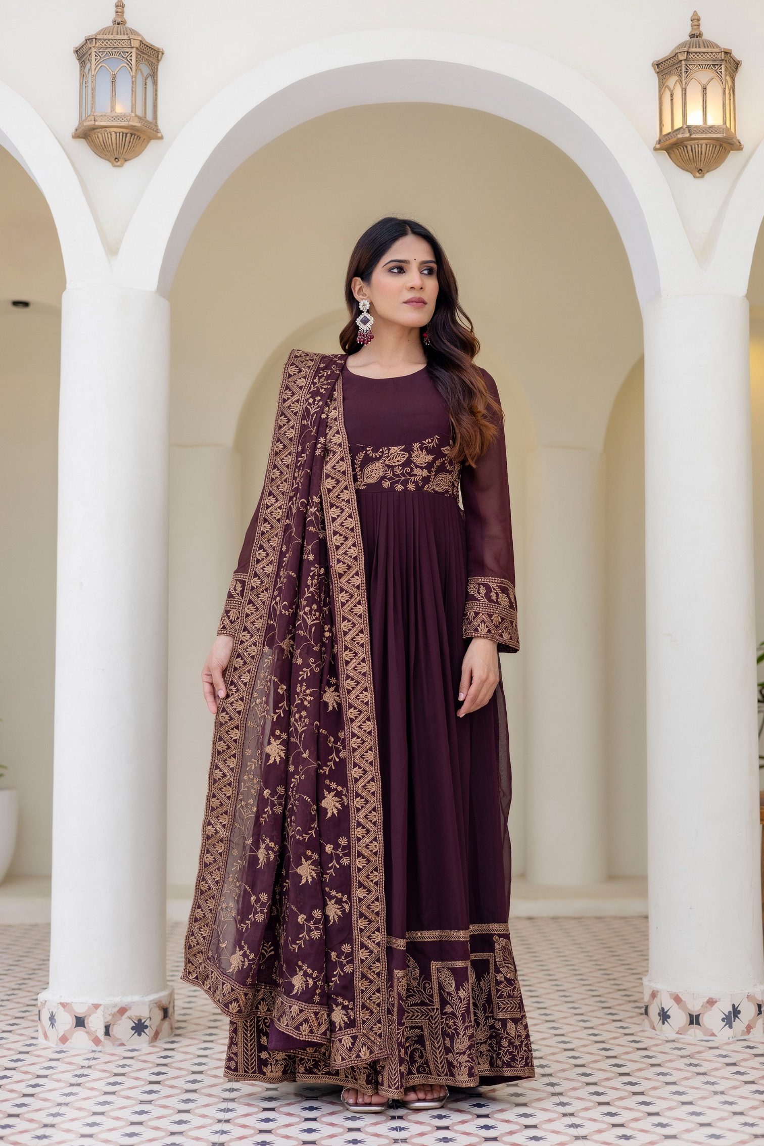 Brown Floral Embroidered Georgette Empire Gown