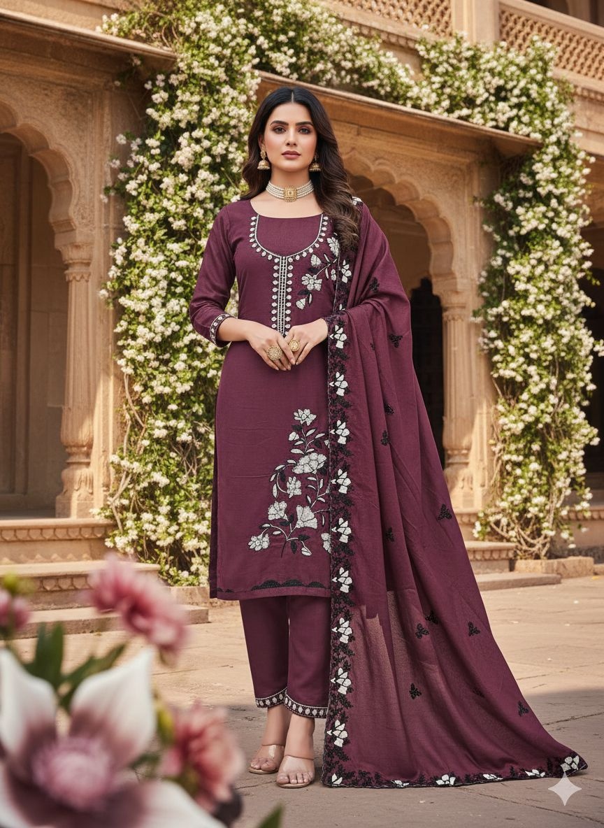 Brown Floral Embroidered Georgette Salwar Suit