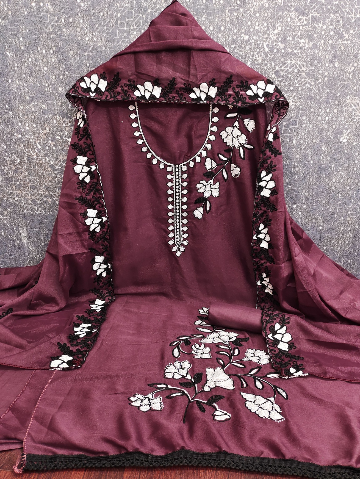 Brown Floral Embroidered Georgette Salwar Suit