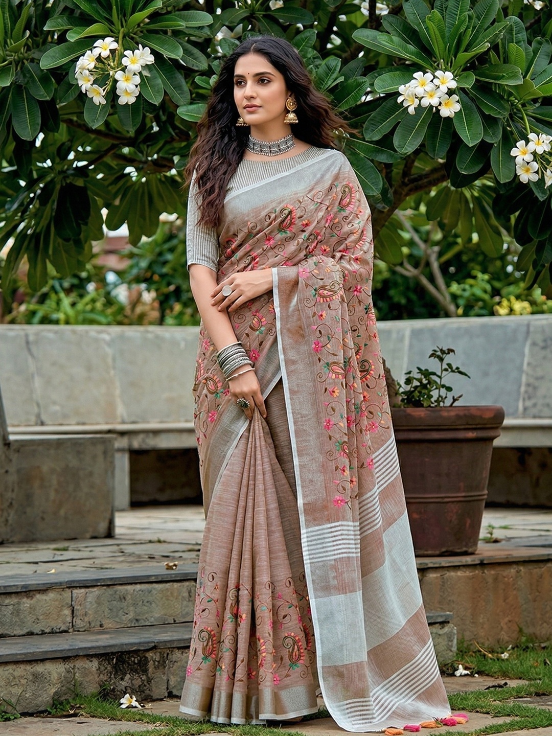 Brown Floral Embroidered Linen Saree