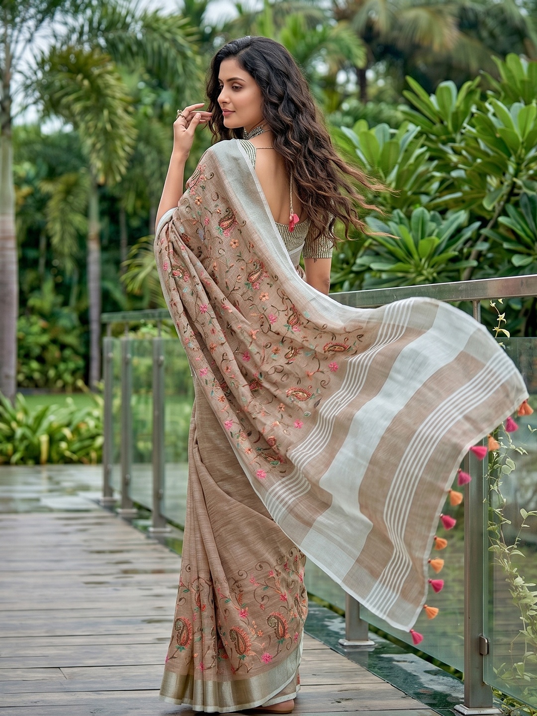 Brown Floral Embroidered Linen Saree — alternate view