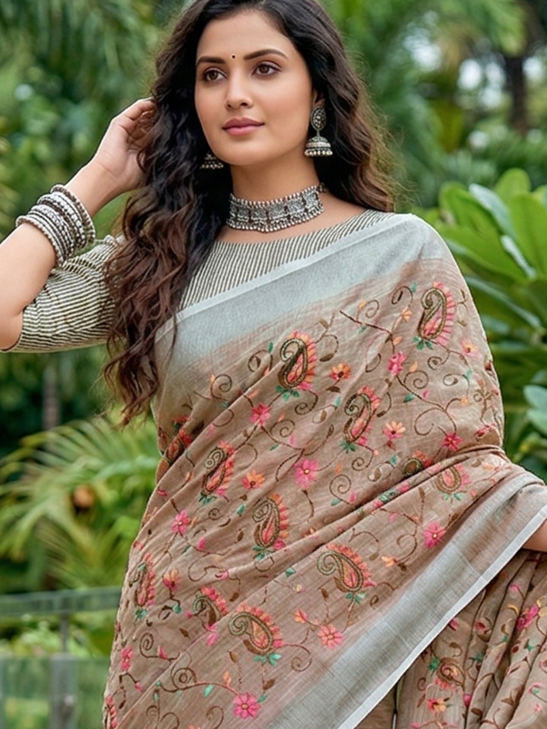 Brown Floral Embroidered Linen Saree