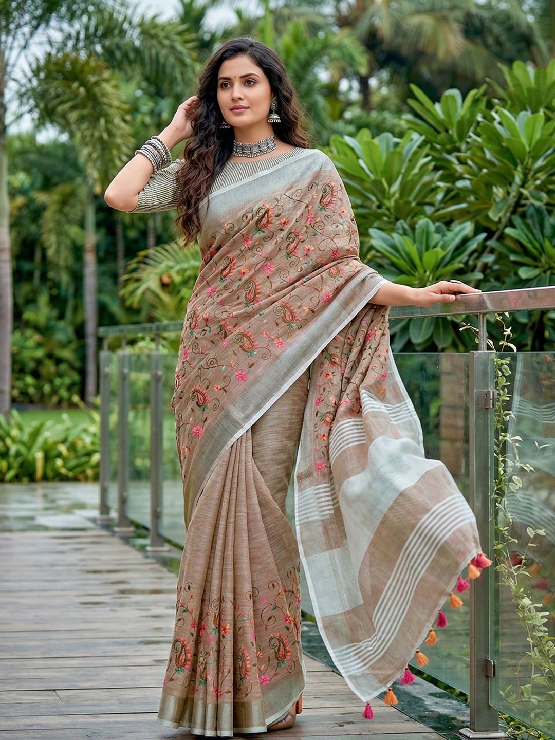 Brown Floral Embroidered Linen Saree