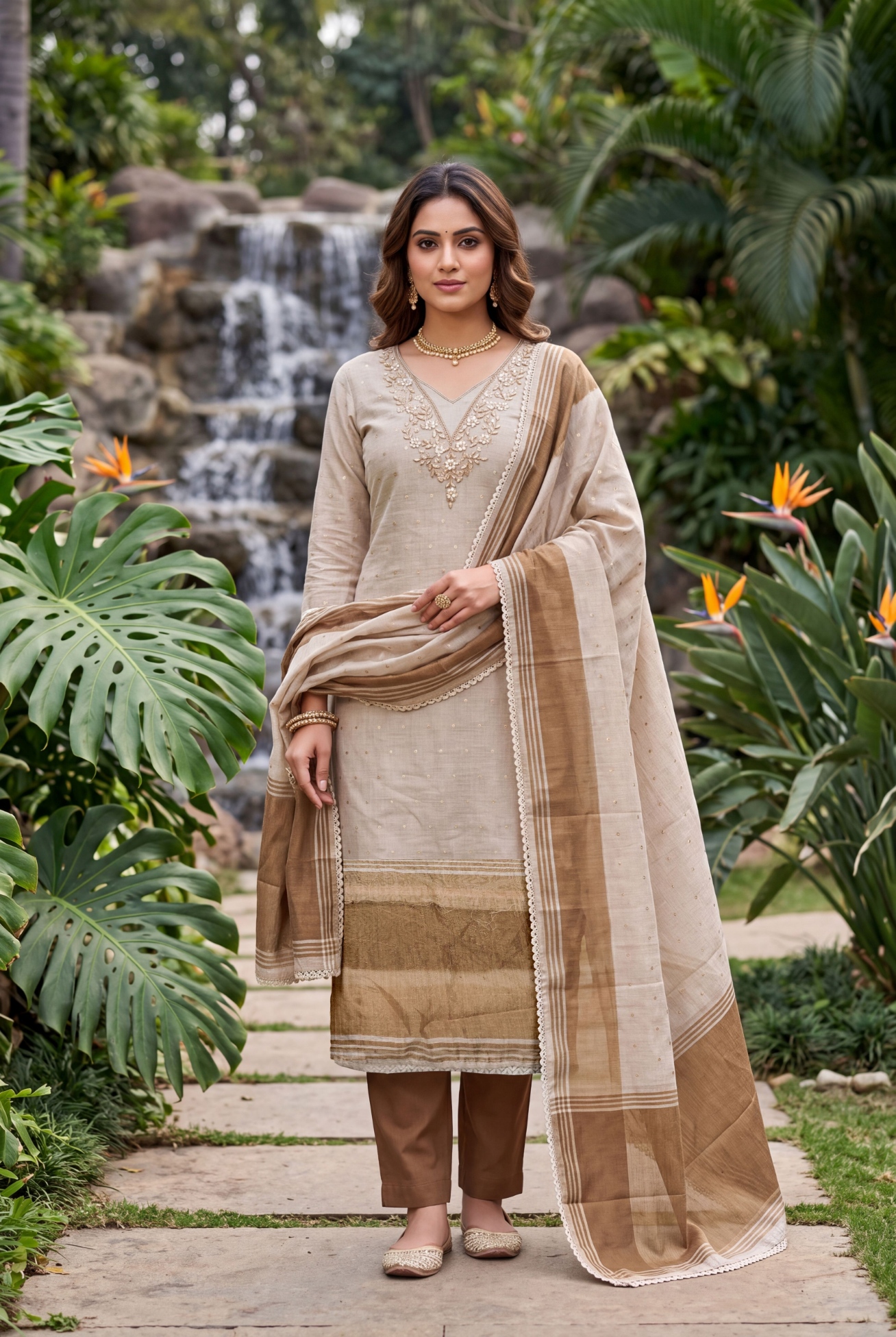 Brown Floral Handwork Banarasi Cotton Straight Suit