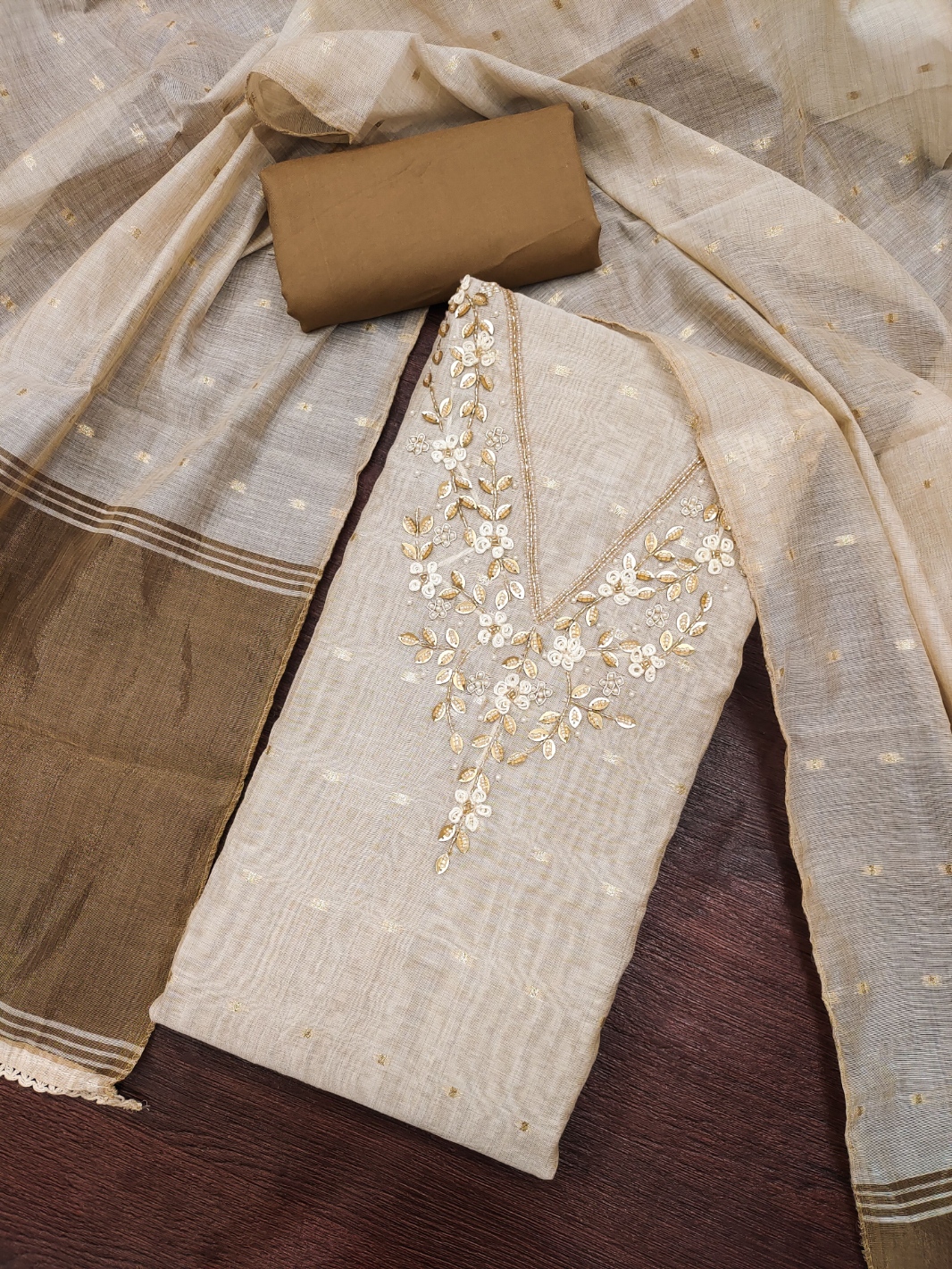 Brown Floral Handwork Banarasi Cotton Straight Suit