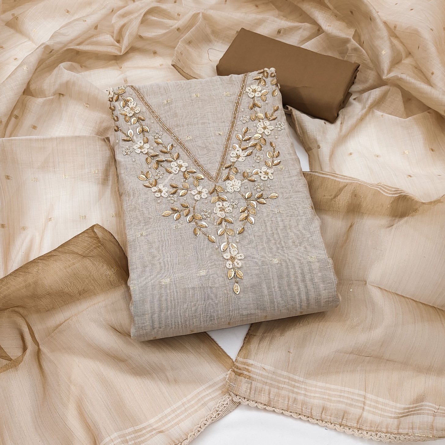 Brown Floral Handwork Banarasi Cotton Straight Suit