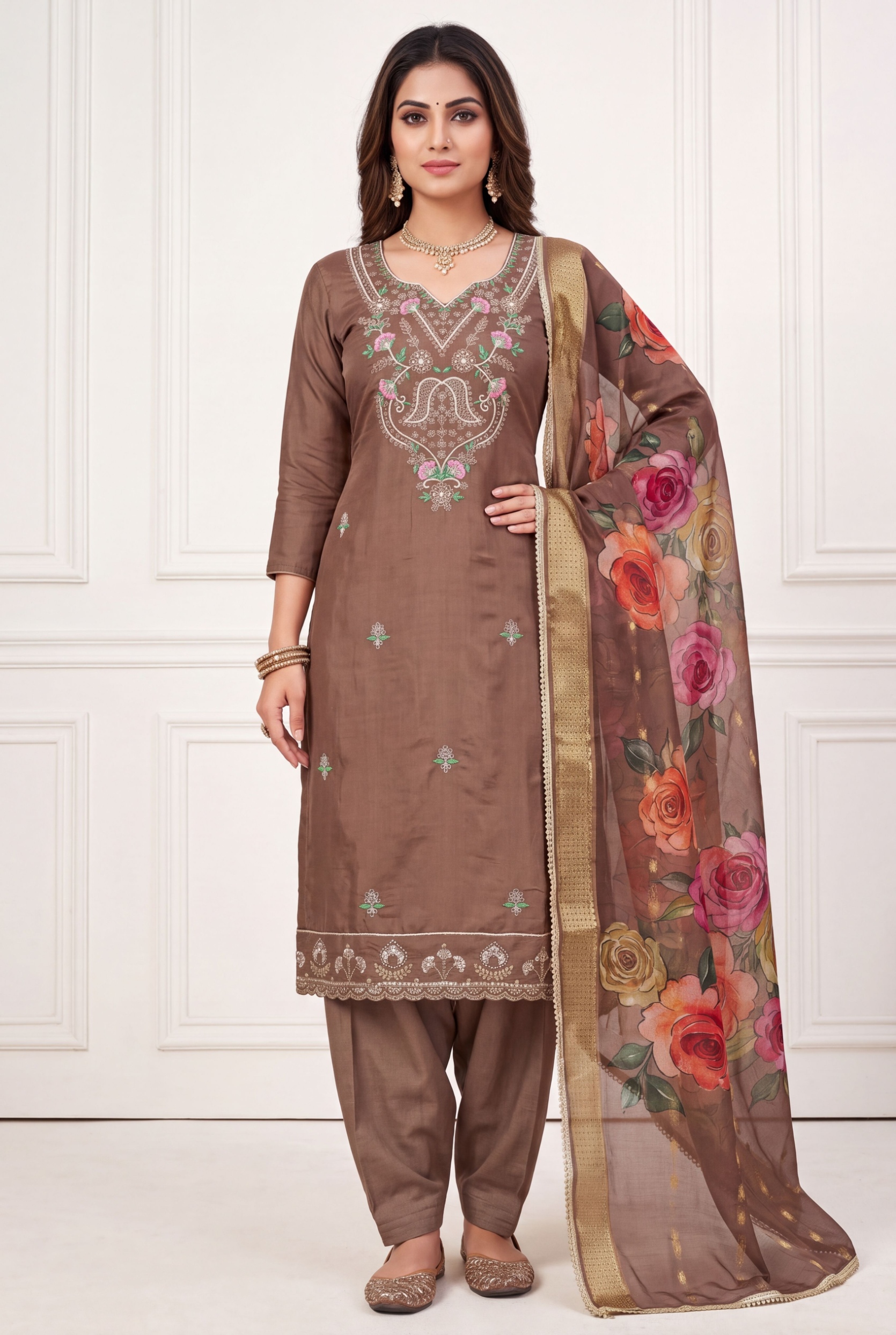 Brown Floral Handwork Cotton Silk Straight Suit