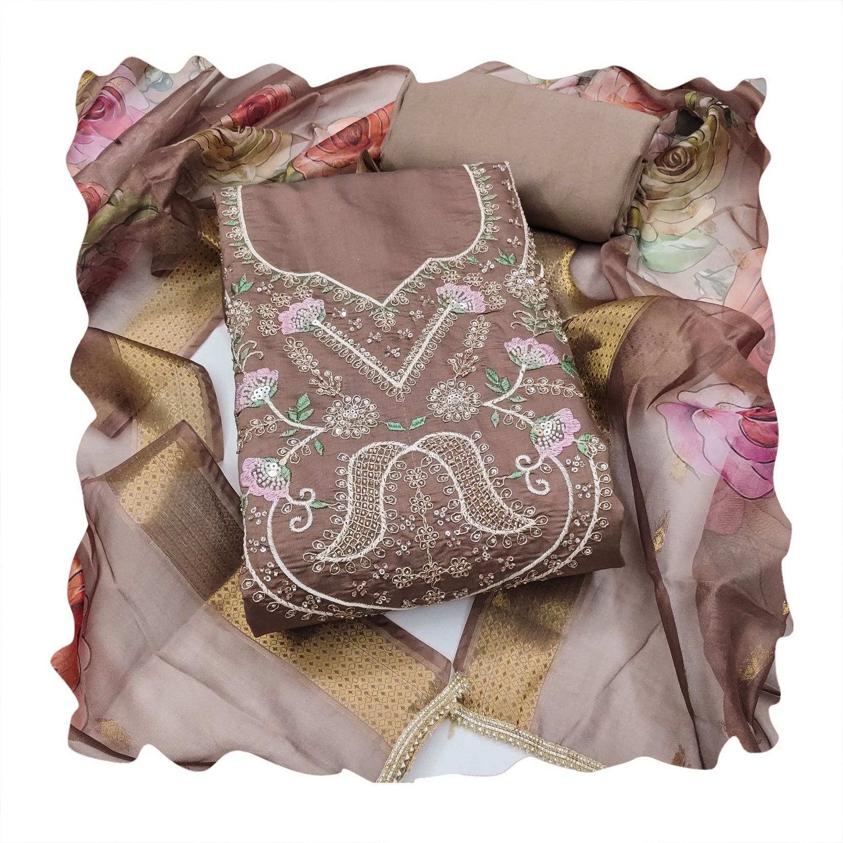 Brown Floral Handwork Cotton Silk Straight Suit — alternate view