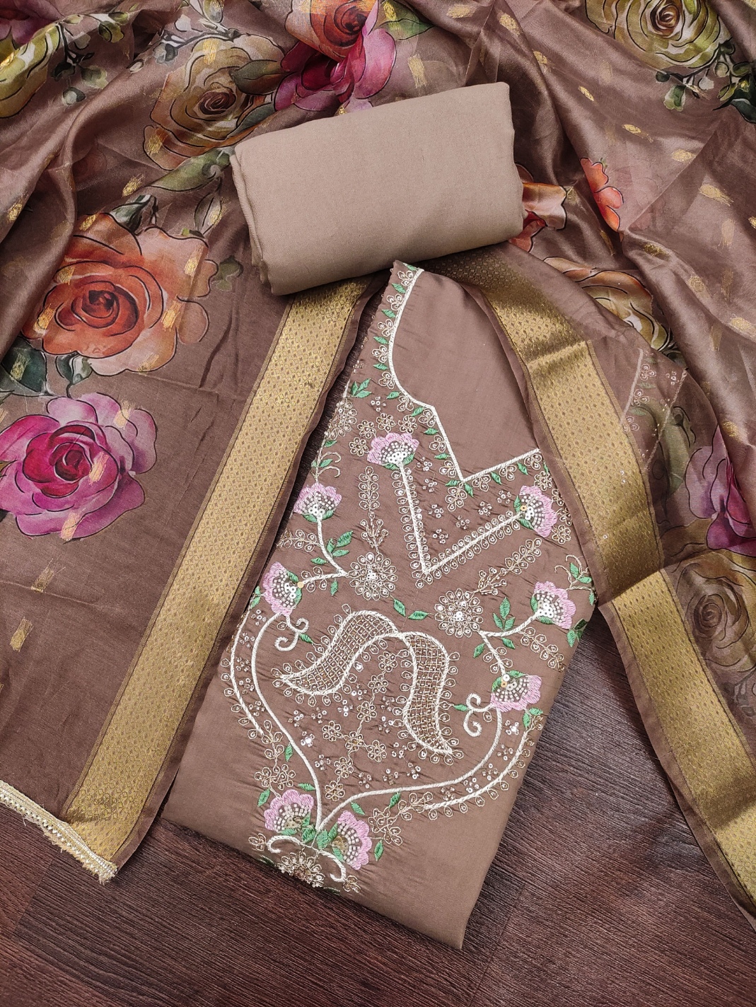 Brown Floral Handwork Cotton Silk Straight Suit