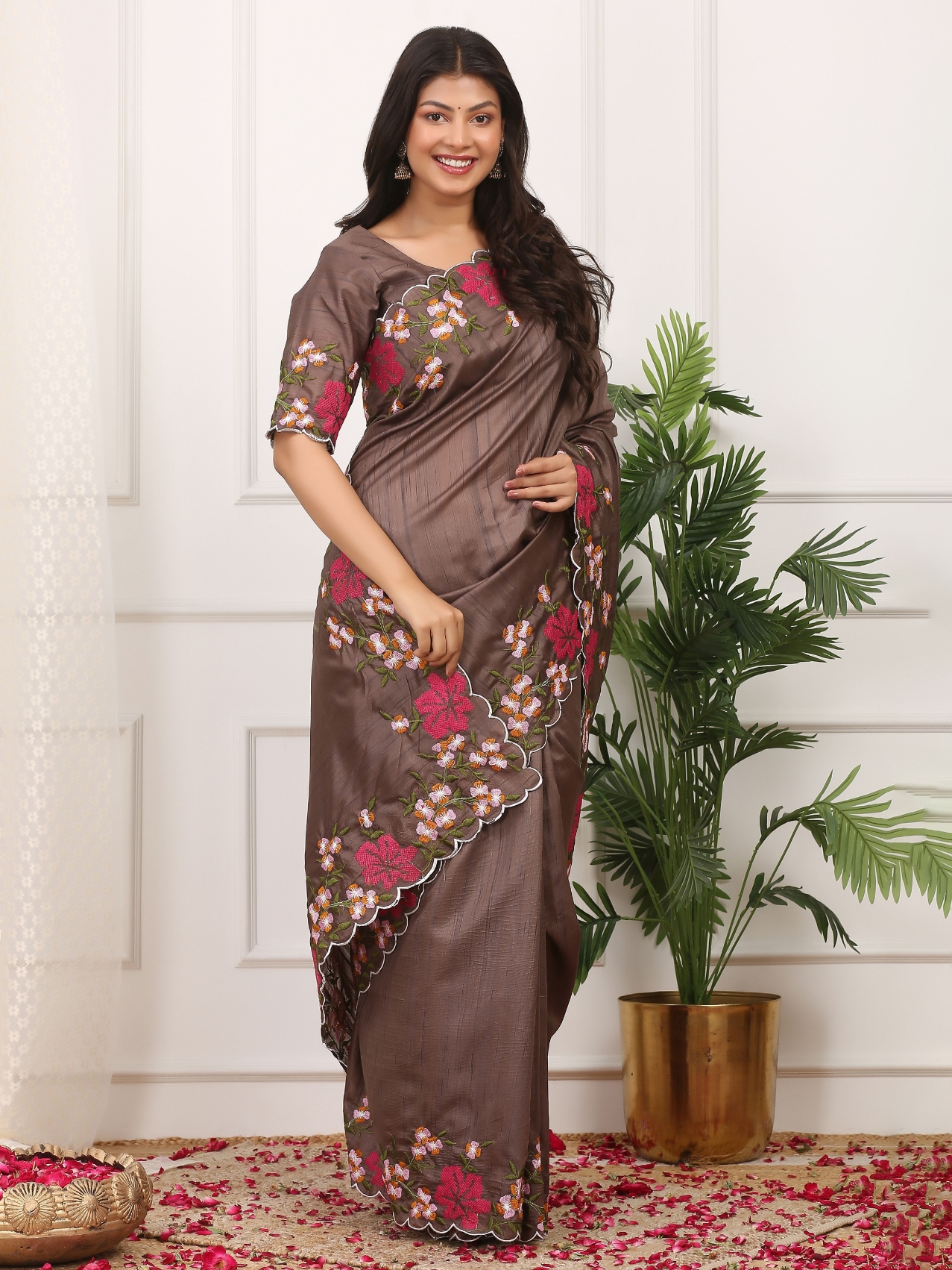 Brown Floral Multi Thread Embroidered Manipuri Silk Saree