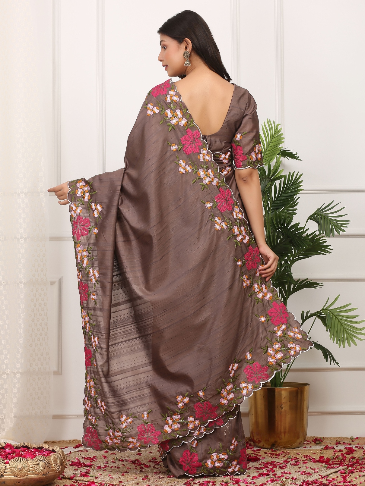 Brown Floral Multi Thread Embroidered Manipuri Silk Saree — alternate view