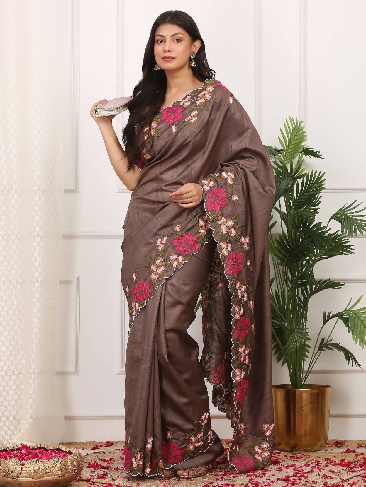 Brown Floral Multi Thread Embroidered Manipuri Silk Saree