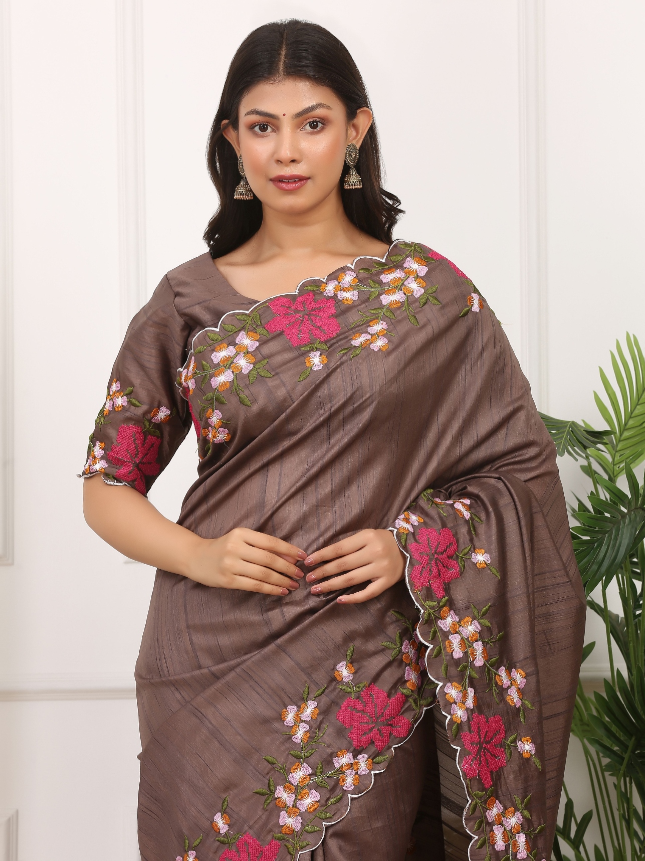 Brown Floral Multi Thread Embroidered Manipuri Silk Saree